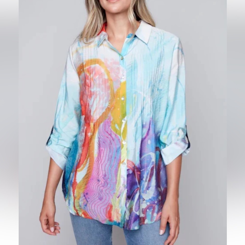 NWOT‎ Claire Desjardins Button Up Blouse Abstract Wearable Art Colorful Rainbow